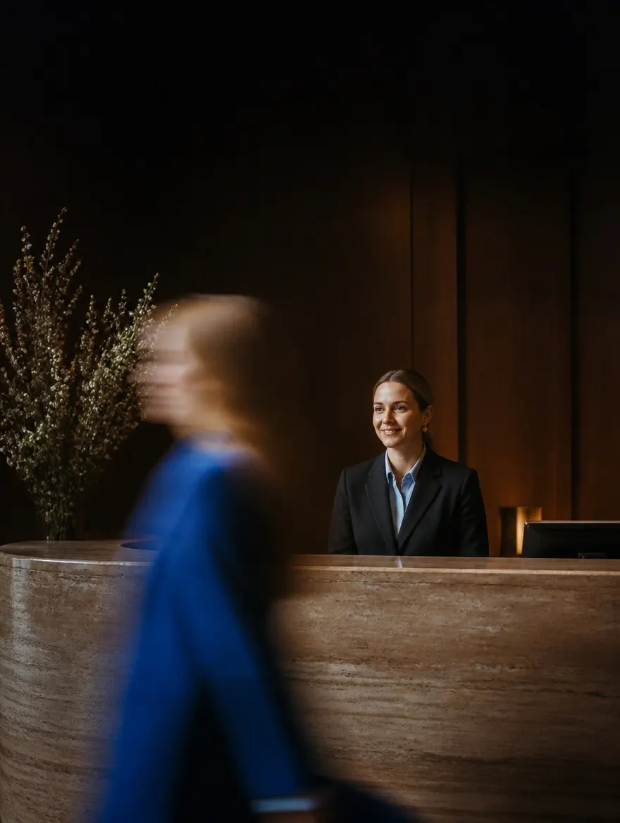 Concierge welcomes a resident at a reception desk