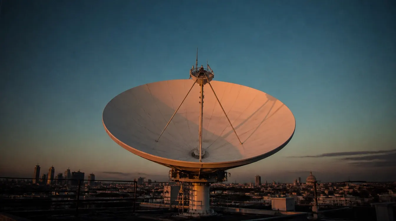 A satellite dish catching the last light above London